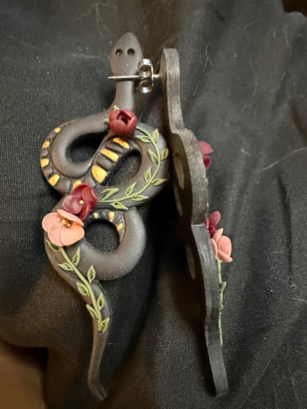 Handcrafted Black Floral Snake Earrings - Women Accessories